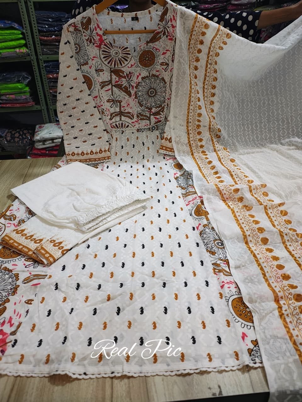 White Cotton A-Line Kurti Set